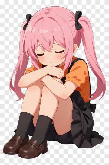 Sad Anime Girl Sitting With Pink Hair PNG