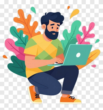 Man Working On A Laptop Surrounded By Colorful Leaves PNG