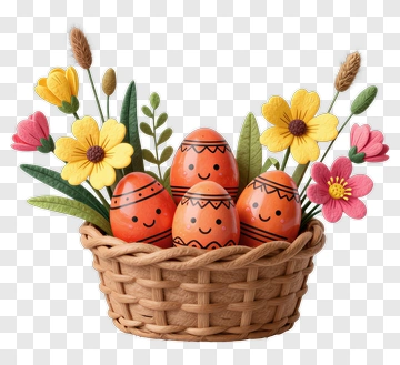 Easter Basket With Decorated Eggs And Flowers PNG