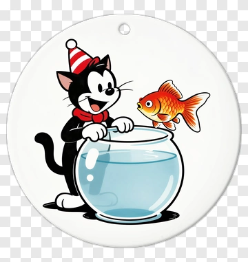 Cartoon Cat With Goldfish Bowl PNG