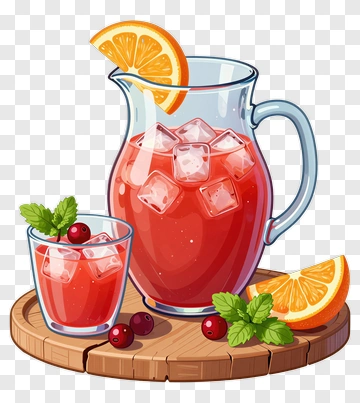 Refreshing Fruit Juice Pitcher With Glass On Wooden Board PNG