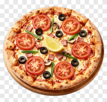 Pizza With Tomatoes, Olives, And Lemon PNG