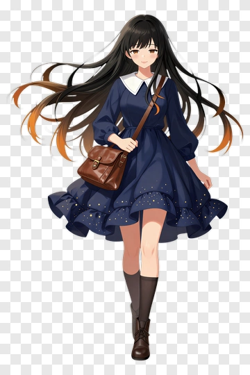 Anime Girl In A Blue Dress With A Brown Bag PNG