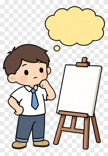 Thoughtful Boy Standing Next To A Blank Easel PNG