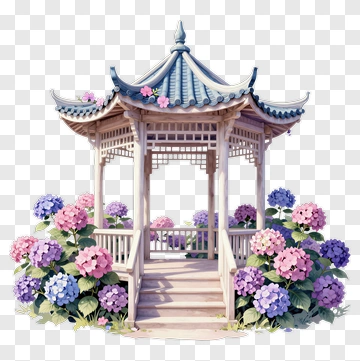 Wooden Gazebo Surrounded By Colorful Hydrangeas PNG