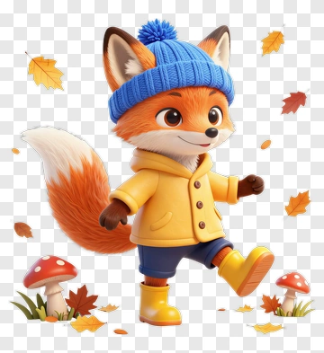 Cartoon Fox In A Yellow Raincoat And Blue Hat PNG