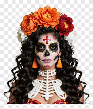 Woman With Day Of The Dead Makeup And Floral Headpiece PNG