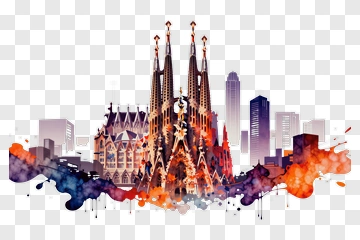Watercolor Sagrada Familia With City Skyline PNG