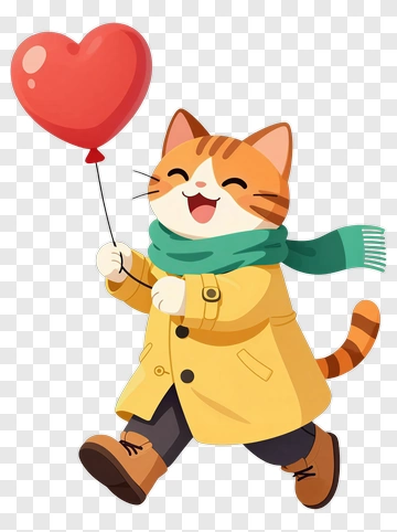 Cartoon Cat Holding A Heart Balloon PNG