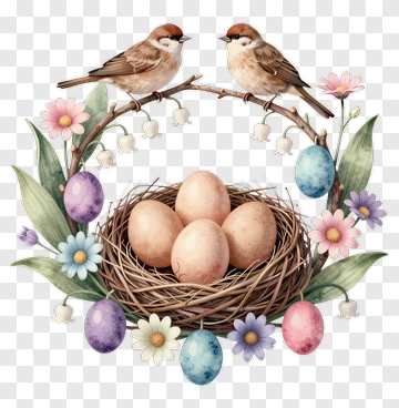 Birds Nest With Eggs And Flowers PNG