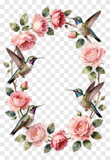 Hummingbirds And Roses Floral Frame PNG