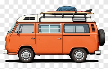 Orange Vintage Camper Van With Surfboard PNG