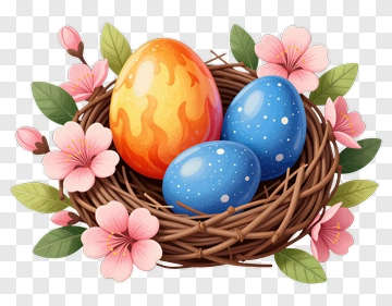 Colorful Easter Eggs In A Nest With Flowers PNG