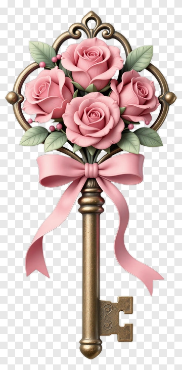 Key With Pink Roses And Ribbon PNG