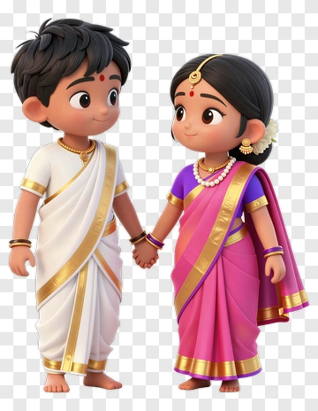 Cartoon Children In Traditional Indian Attire Holding Hands PNG