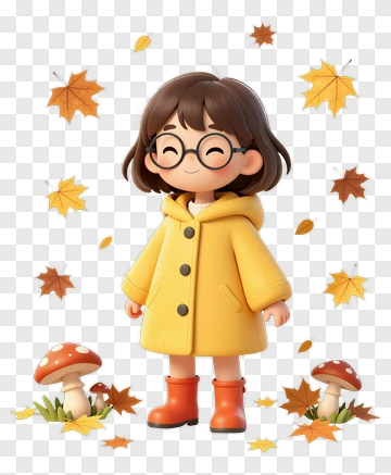 Cartoon Girl In Yellow Raincoat Surrounded By Autumn Leaves PNG