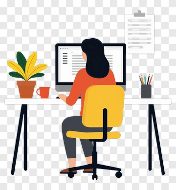 Woman Working At A Desk With Computer And Plant PNG