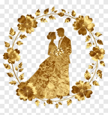 Gold Wedding Couple Surrounded By Floral Wreath PNG