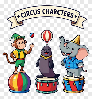 Circus Characters With Monkey, Seal, And Elephant PNG