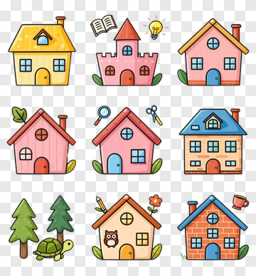 Colorful Cartoon Houses And Nature Elements PNG
