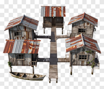Rustic Wooden Houses With Walkways And Boat PNG