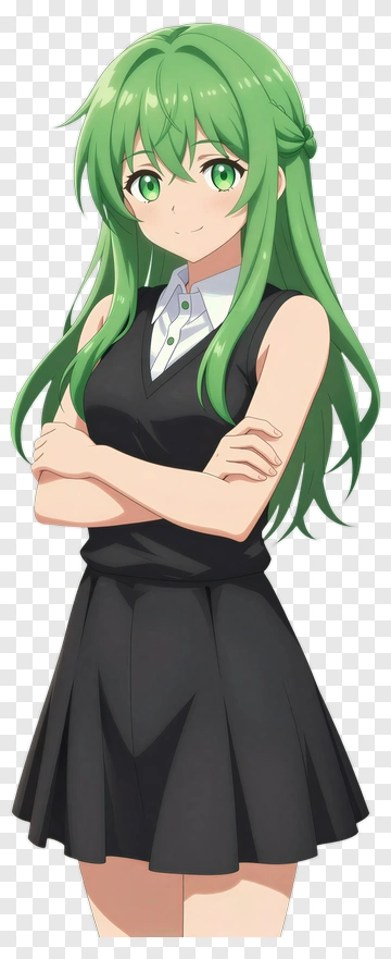 Anime Girl With Green Hair In A Black Dress PNG