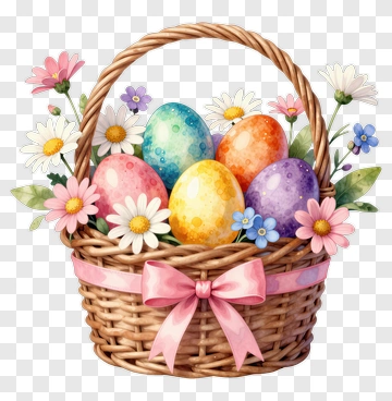 Easter Basket Filled With Colorful Eggs And Flowers PNG