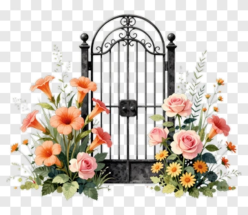 Garden Gate Surrounded By Colorful Flowers PNG