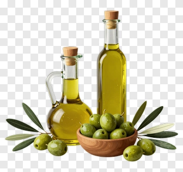 Olive Oil Bottles And Bowl Of Green Olives PNG