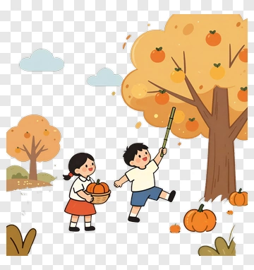 Children Picking Pumpkins From A Tree PNG