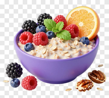Bowl Of Oatmeal With Fresh Berries And Orange Slice PNG