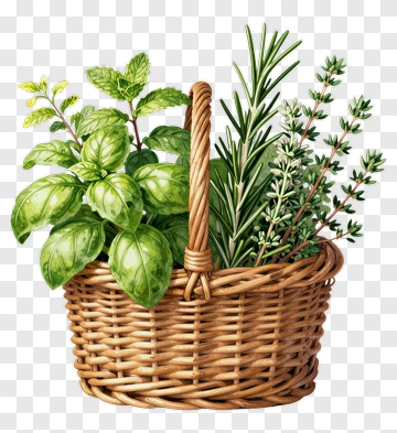 Herb Basket With Basil, Rosemary, And Thyme PNG