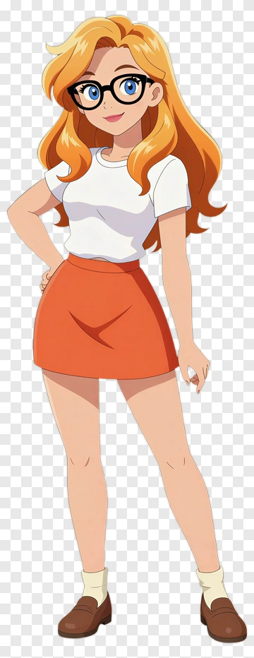 Cartoon Girl In Orange Skirt And Glasses PNG