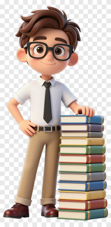 3D Student Standing Beside A Stack Of Books PNG