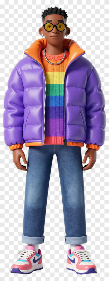 Stylish Character In Purple Puffer Jacket PNG