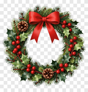 Christmas Wreath With Red Bow And Pine Cones PNG
