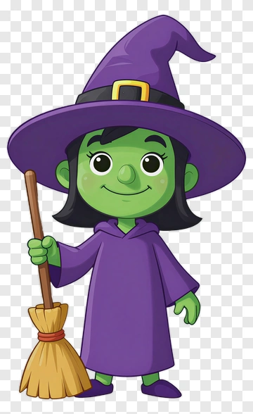 Cartoon Witch Holding A Broom PNG