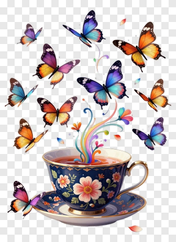 Colorful Butterflies Emerging From A Floral Cup PNG