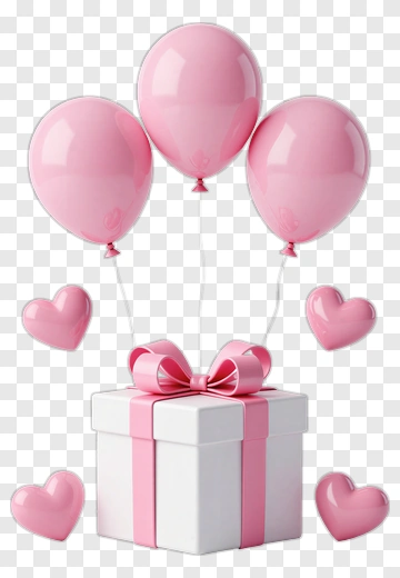 Gift Box With Pink Balloons And Hearts PNG