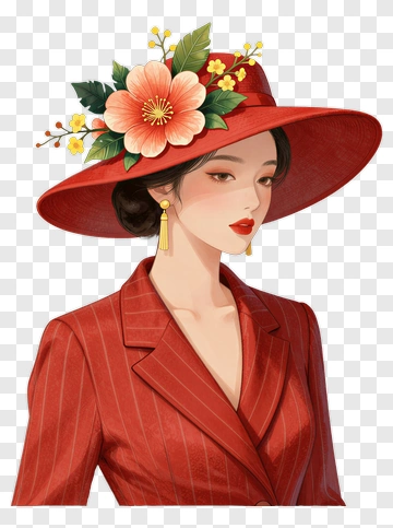 Stylish Woman In Red Hat With Flowers PNG