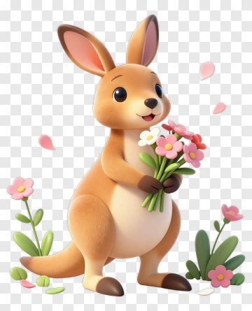 Cartoon Kangaroo Holding A Bouquet Of Flowers PNG