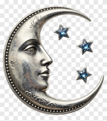 Silver Moon Face With Blue Stars PNG