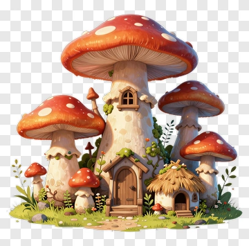 Whimsical Mushroom House With Colorful Fungi PNG