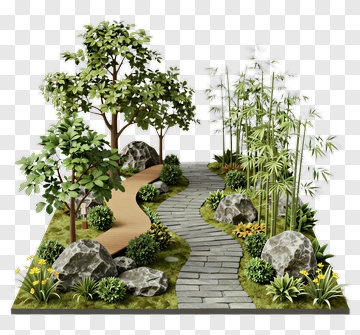 Garden Pathway With Trees And Rocks PNG