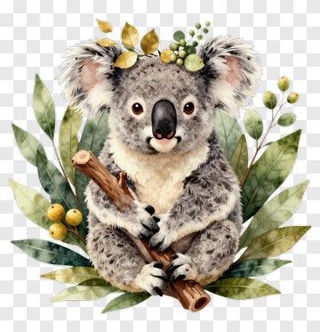 Koala Holding A Branch Surrounded By Leaves PNG