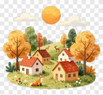 Colorful Autumn Village With Fox And Deer PNG