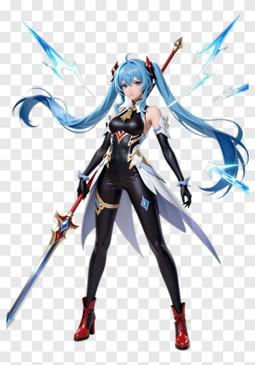 Anime Character With A Spear And Lightning Effects PNG