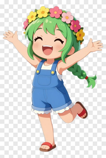 Happy Girl In Overalls With Flower Crown PNG