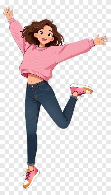 Cartoon Girl Jumping In A Pink Sweater PNG