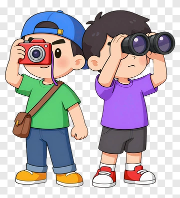 Cartoon Boys Taking Photos And Using Binoculars PNG